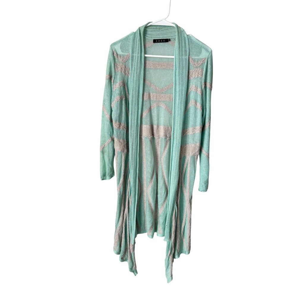 ZOZO Womens Mint Green Tan Geometric Pointelle Knit Open Front Cardigan Size M